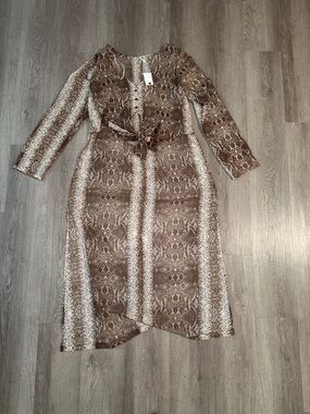 Truth Brown Snake-Print High Low Button Down with Tie Waist